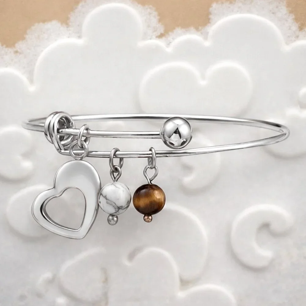18K Gold Plated Boho Chic Bangle with Heart Tiger's Eye & Magnesite Charms ✨